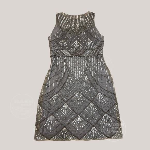 SUE WONG 12 Champagne Silver Beaded Sequin Bridal Formal Cocktail Evening Dress - Picture 9 of 16